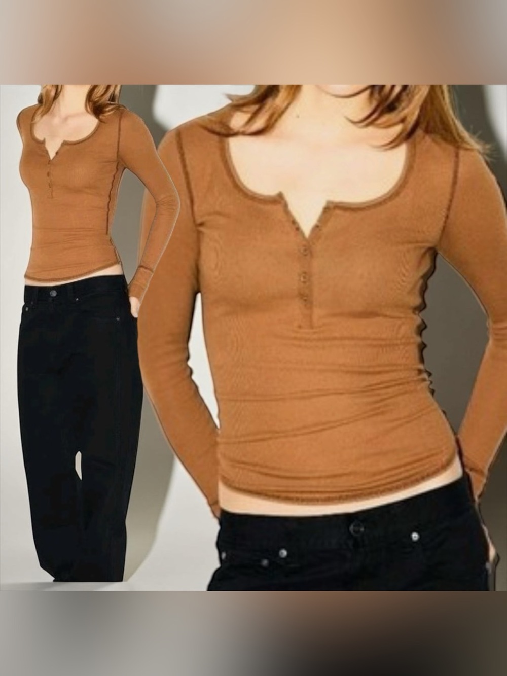 🍂SKIMS Cotton Rib Scoop Neck Henley | Chai | S | NWT 🏷️